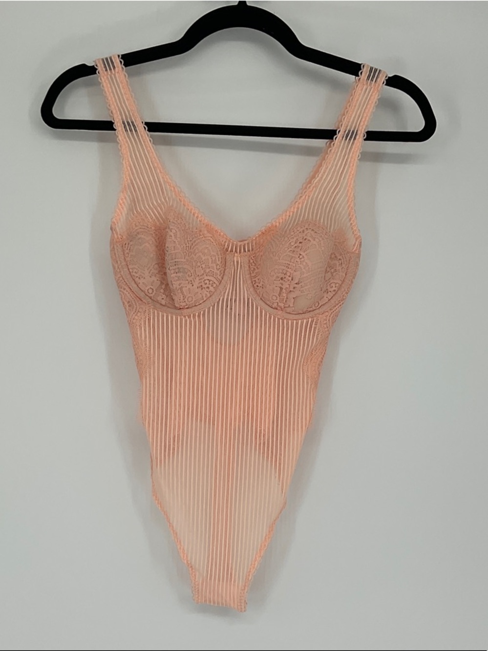 Victoria’s Secret Lace Mesh Bodysuit Blush Peach 32B NWT Thong Teddy